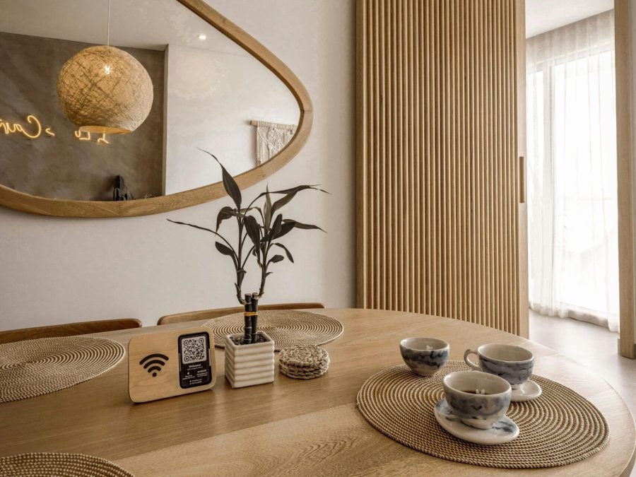 Stylish Scandinavian-inspired dining room interior with modern decor elements.