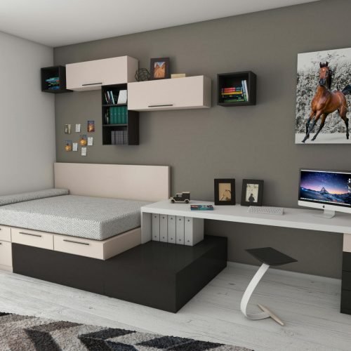 Stylish minimalist bedroom with modern furnishings and workspace area, perfect for home offices.